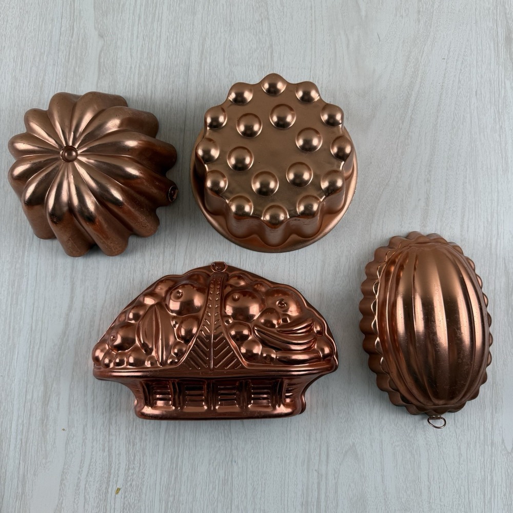 4 Vtg Copper‎ Aluminum Jello Cake Molds Wall Hanging Fruit Basket Bunt Hobnail